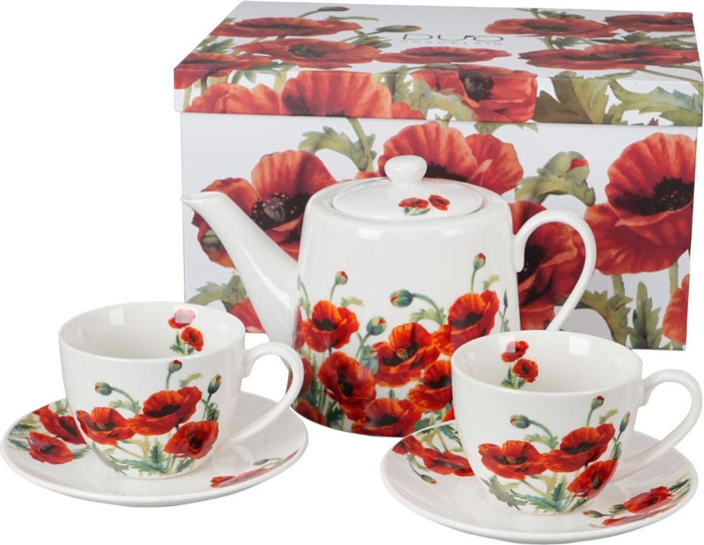 DUO FLORAL Set aus Teekanne, Edelstahl-Sieb und zwei Tassen mit Untertassen CLASSIC POPPIES New Bone China Porzellan