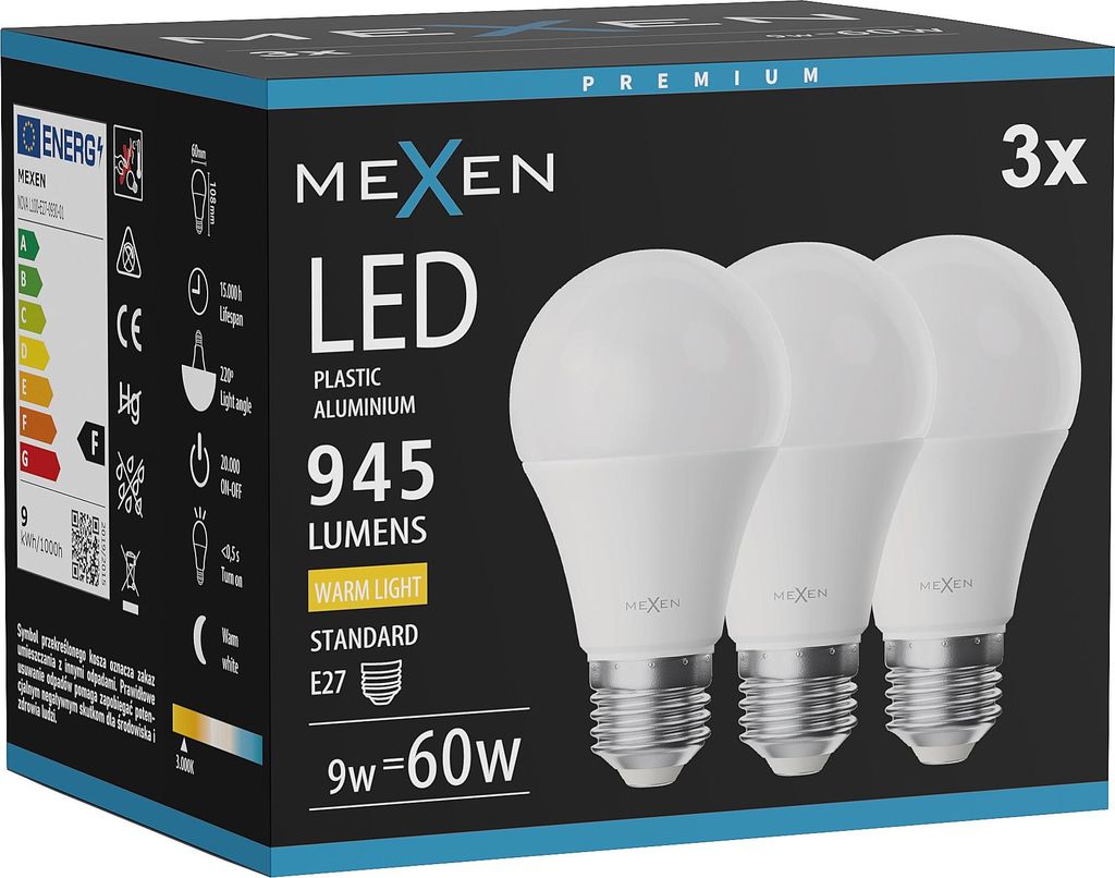 Mexen Nova 3x LED-Glühbirne E27, A60, 9W, Warm - 3000K, 945 lm - L100-E27-0930-01x03