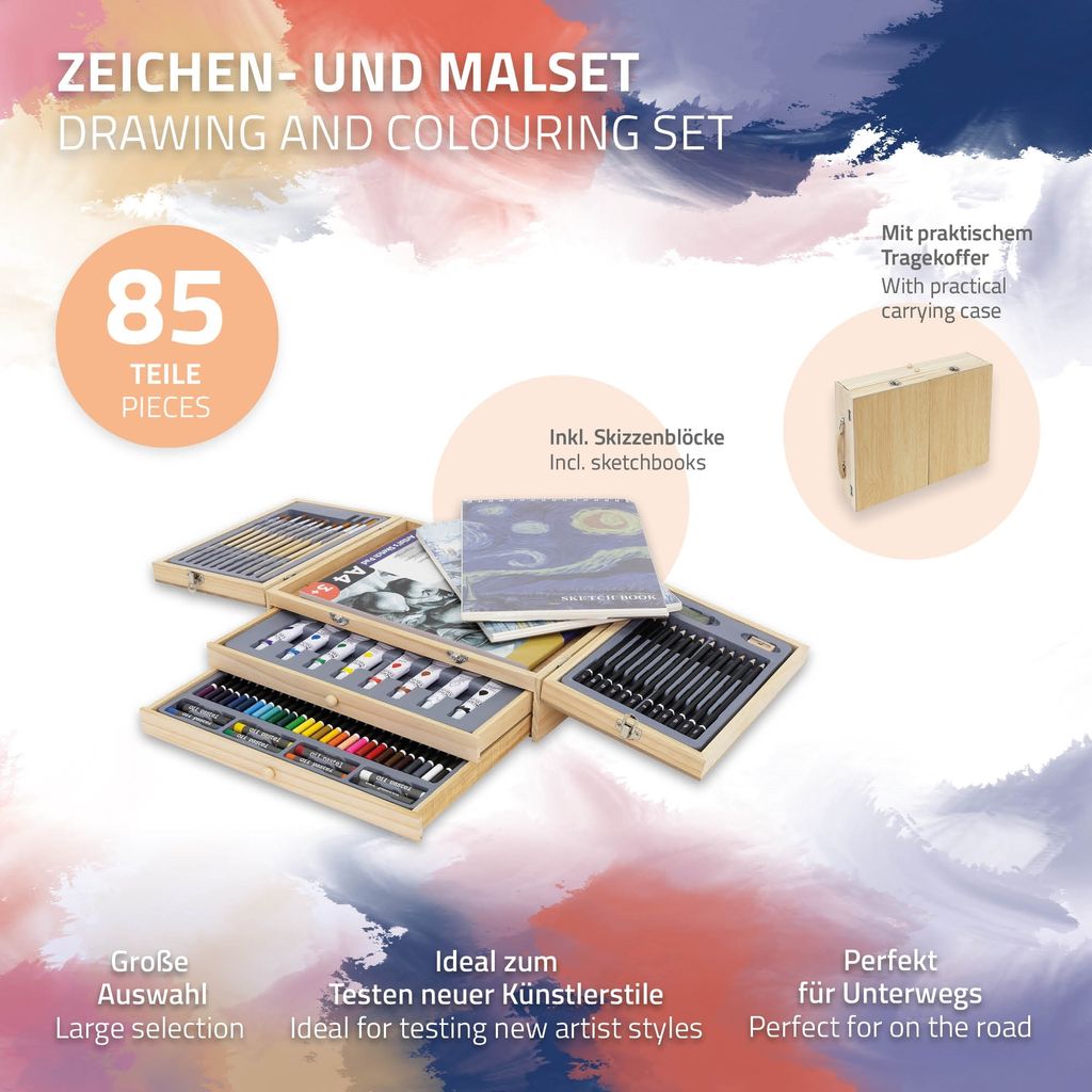 ECD Germany Malset mit Holzkoffer, 85-Teilig, 36x26x10 cm, Produktbild 2