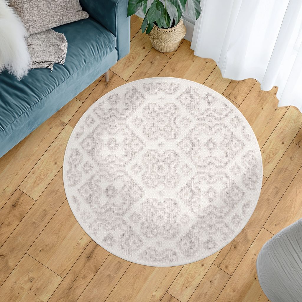 Outdoor Teppich Wetterfest Balkon Küche Skandinavisch Geometrisch 3D Creme Grösse 200 cm Rund