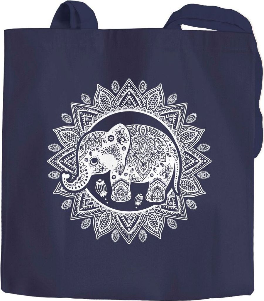 Jutebeutel Elefant Mandala Boho Bohamian Ethno Tribal Ornament Baumwolltasche Stoffbeutel Einkaufsbeutel Autiga navy 2 lange Henkel