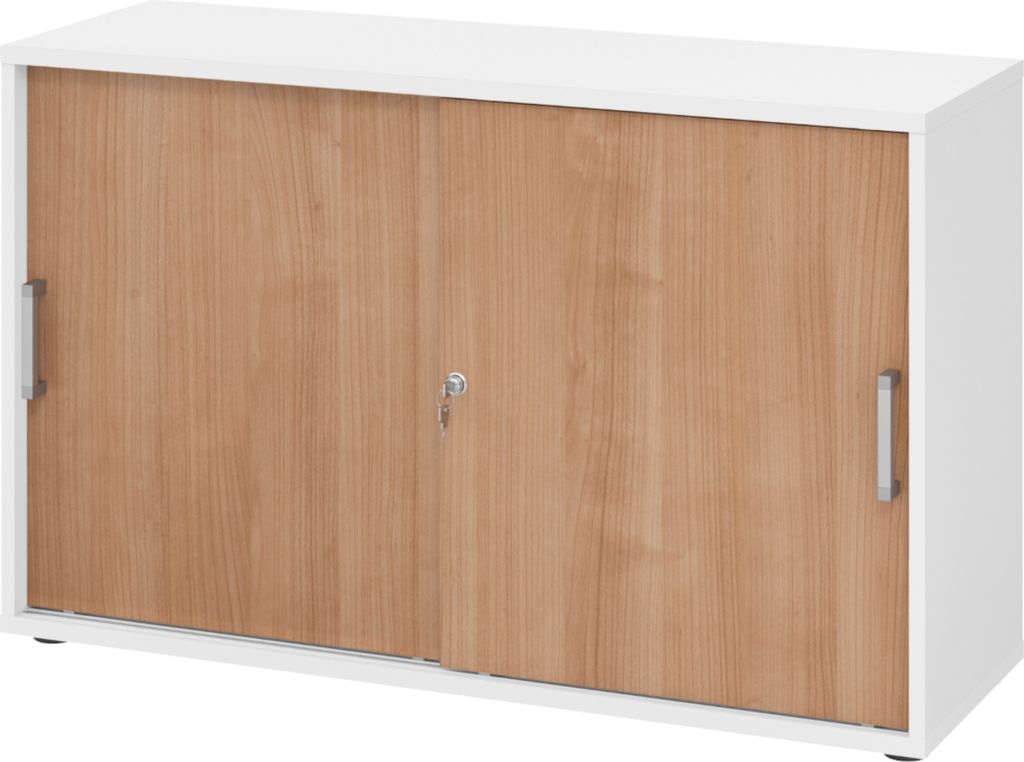 bümö Schiebetürenschrank office - 2 Ordnerhöhen - Griff: Chromgriff (Metall), Nachbildung: Weiß/Nussbaum
