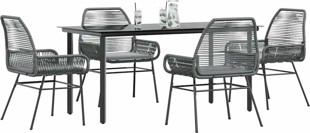 5-tlg. Garten-Essgruppe mit Kissen Grau Poly Rattan Glas, Gartenmöbel-Sets DesignMöbel Neu