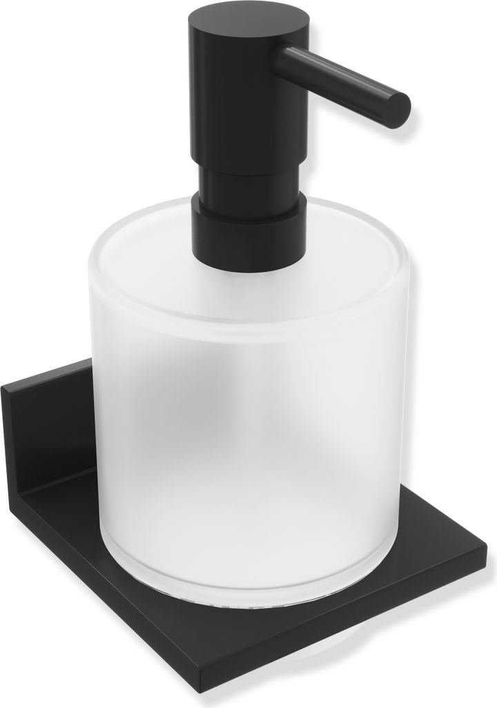 HEWI Seifen- oder Desinfektionsspender mit Halter, Metall, pulverbeschichtet, Seifenspender aus Kristallglas, satiniert, Pumpenkopf pulverbeschicht...