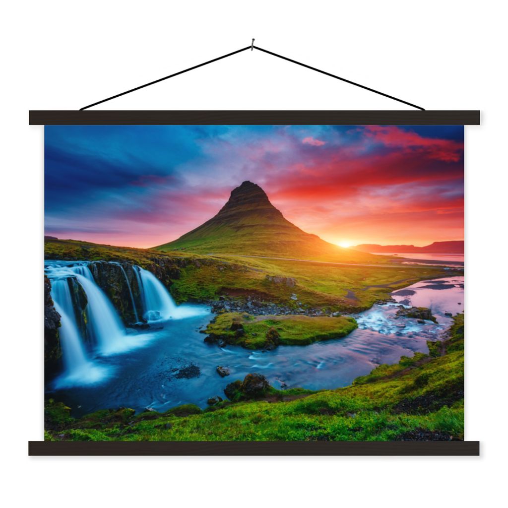 MuchoWow Textilposter Wasserfall - Berg - Moos - Sonnenuntergang - Natur 60x45 cm mit schwarzem Rahmen - Poster Schlafzimmer
