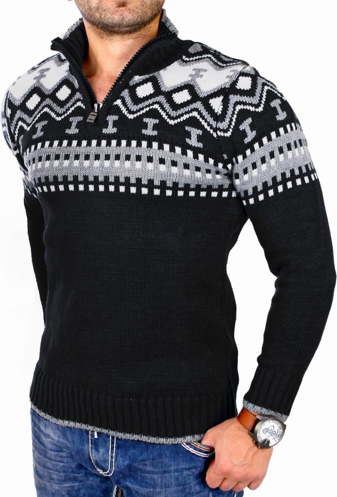 Reslad Herren Strickpullover Crewneck Zipper Norweger Pullover RS-3110 Schwarz M