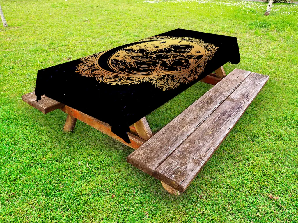 ABAKUHAUS Tovaglia psichedelica per esterni, autentica grafica etnica occulta tribale medievale, giallo e nero, 145x210 cm