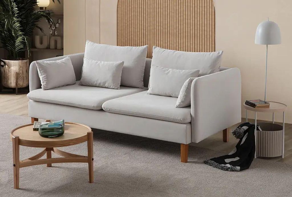 Hanah Home, Hochwertiges 3-Sitzer Sofa, Creme, 195 x 100 x 75 cm | 70% HORNBEAM, 30% melaminbeschichtete Spanplatte | 100% Polyester (Velvet), 6 Ki...