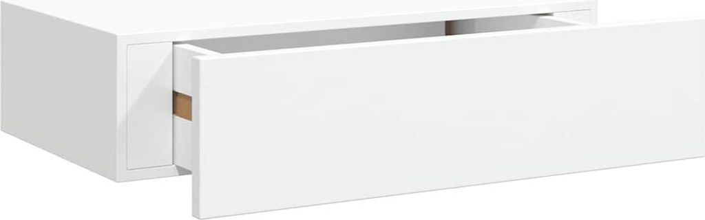 A white wall-mounted shelf with one drawer partially open, shown against a white background.