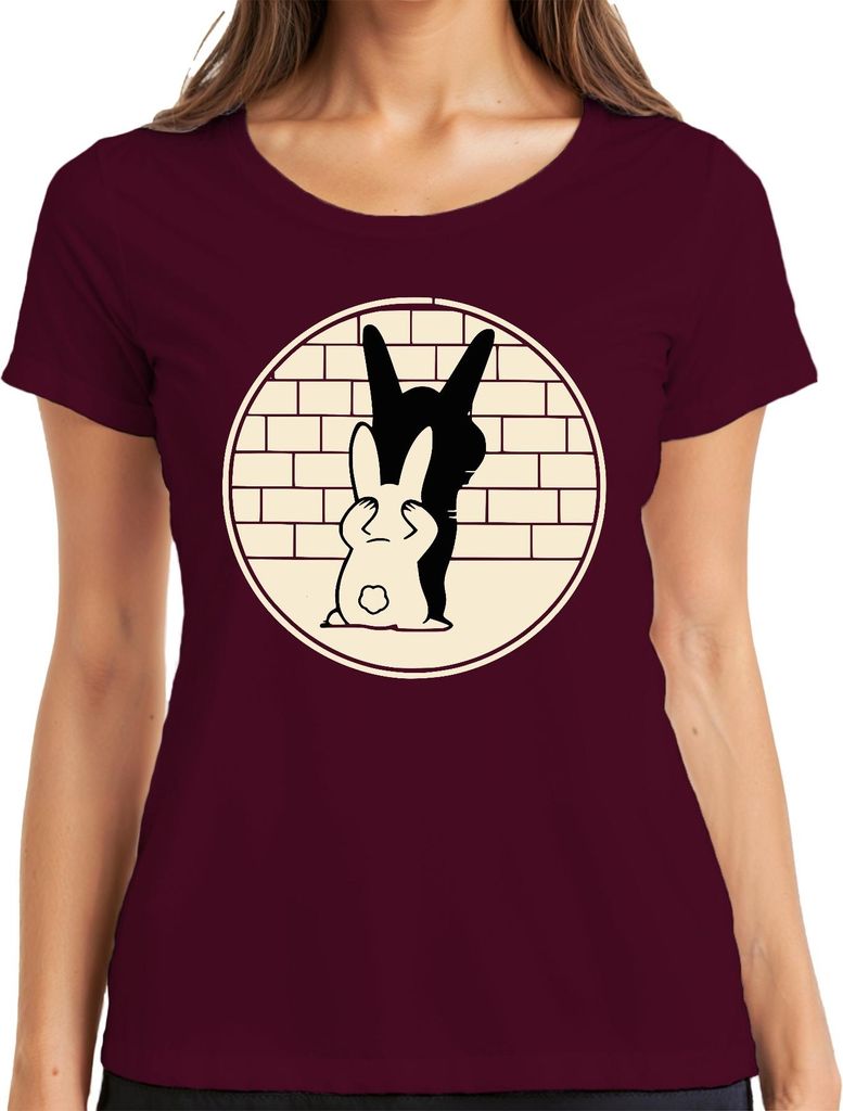 Suesser Hase mit Schatten Daemon Halloween Cartoon Retro Minimal Damen T-Shirt, Burgundy, M