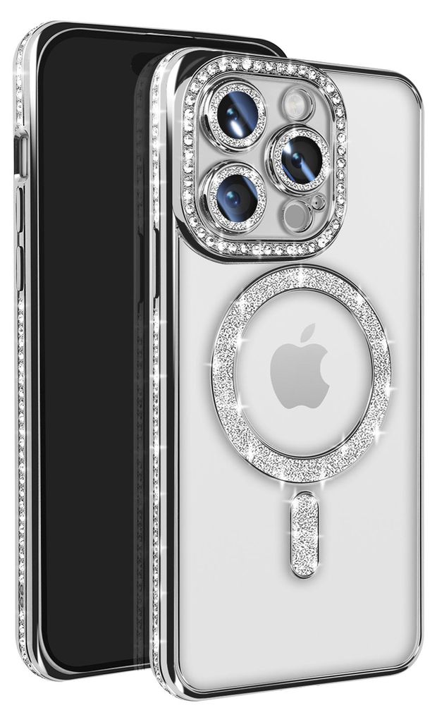 Avizar, Diamant-Hülle für iPhone 14 Pro MagSafe, Strass-Kontur, Silber