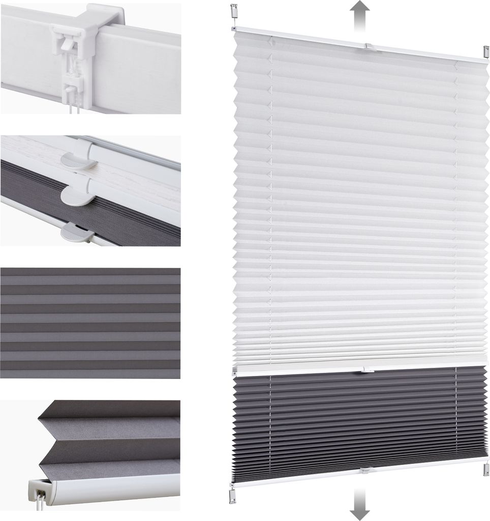 Sekey Plissee 90×130 cm ohne Bohren Day+Night Verdunklungsplissee Weiß+Grau Blickdicht Faltrollo Klemmfix 100% Verdunkelnd Sichtschutz für Fenster