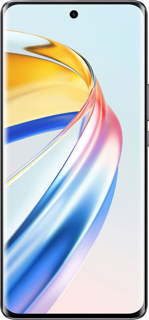 A smartphone with a colorful, abstract wallpaper displayed on its screen.