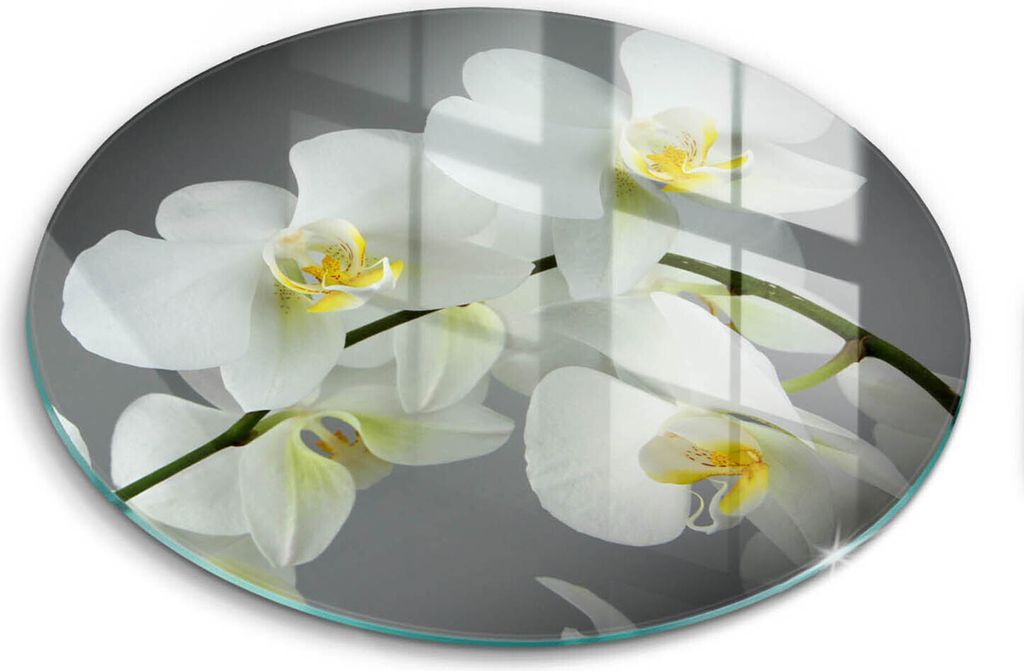 Glasschneideplatte - Herdabdeckplatte - fi30 cm -Schneidebrett - Spritzschutz - Weiße Orchideenblumen
