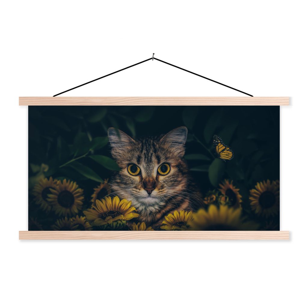 MuchoWow Textilposter Katze - Gelb - Blumen - Botanisch 120x60 cm mit holzfarbenen Rahmen - Klemmleiste
