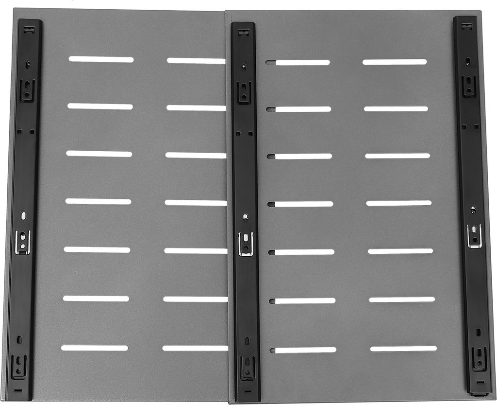 A top-down view of a gray sliding drawer mechanism with black rails, set against a light gray background.