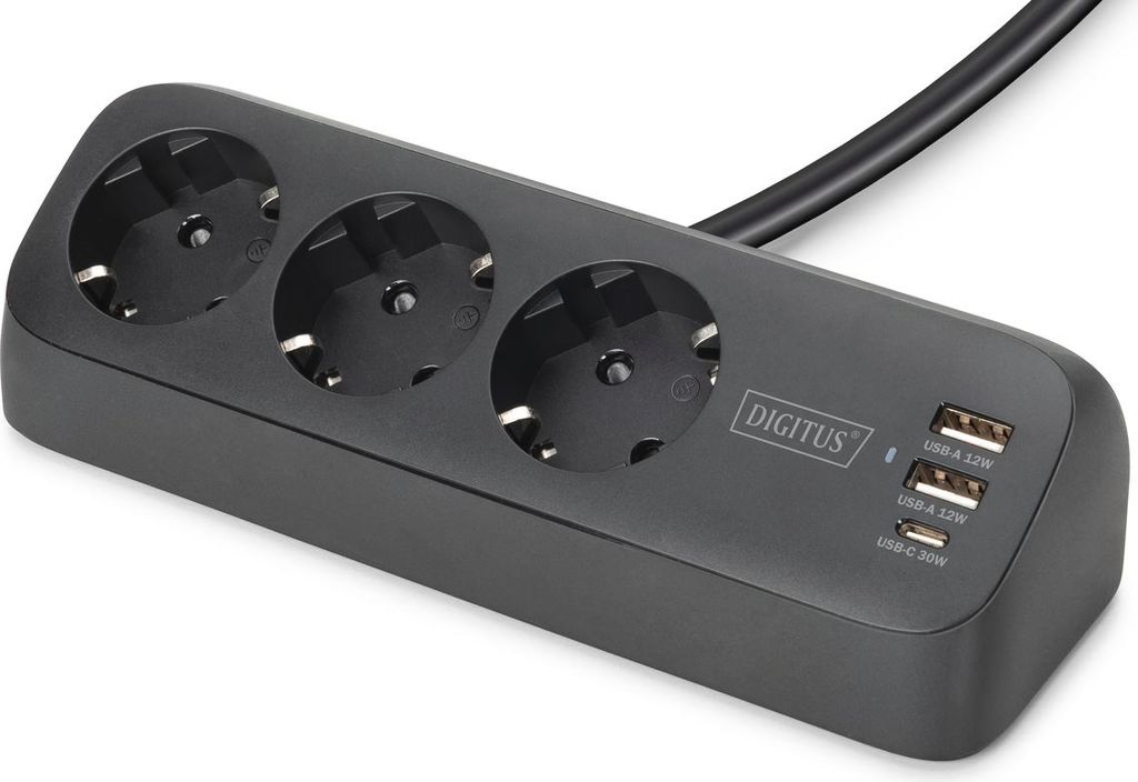 DIGITUS 3-Wege-Schreibtisch-Steckdose 3x Steckdose 2x USB-A 1xUSB-C 3680W 12W 30W 1,5m schwarz