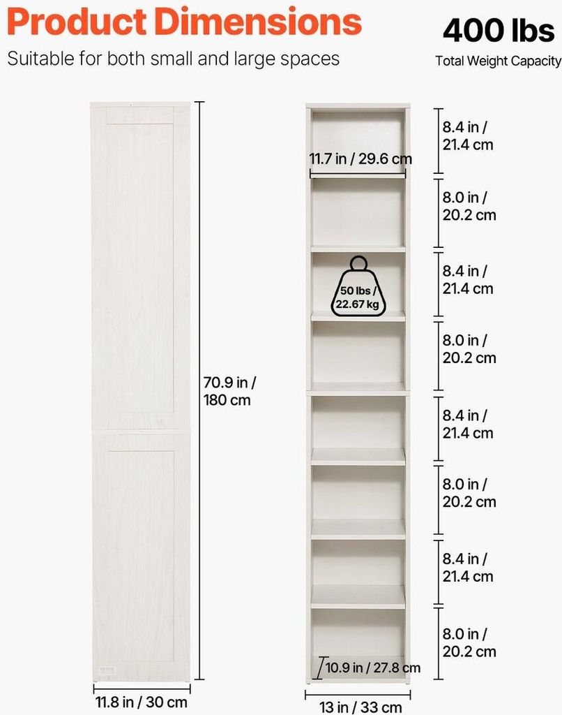 8 Tiers Narrow Bookshelf 71" Wooden Open Bookcase Adjustable Shelf White