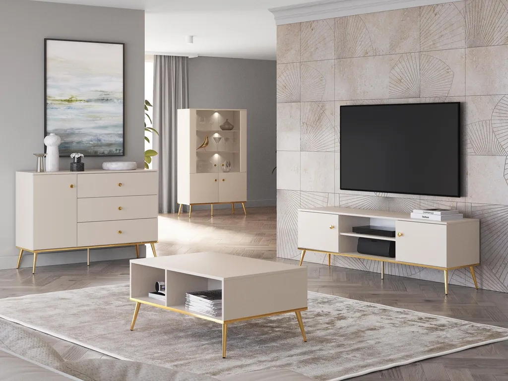 Table Basse 90cm Beige avec Pieds Dorés Selgin - Finition Haut de Gamme - 6