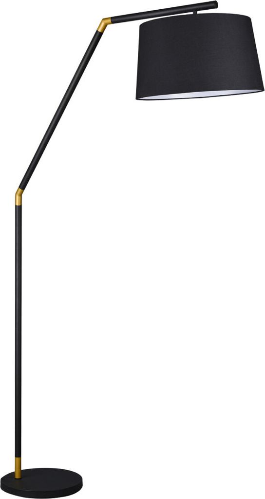 A black arc floor lamp with gold accents and a black fabric lampshade, isolated on a white background.