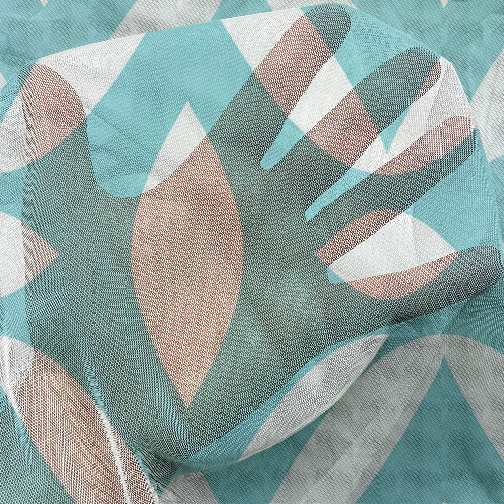 ABAKUHAUS Arazzo astratto, motivo decorativo artistico con forme simmetriche orizzontali e strisce ondulate, tessuto da parete in raso setoso per soggiorno e camera da letto, 135 cm x 274 cm, verde acqua e bianco - 2