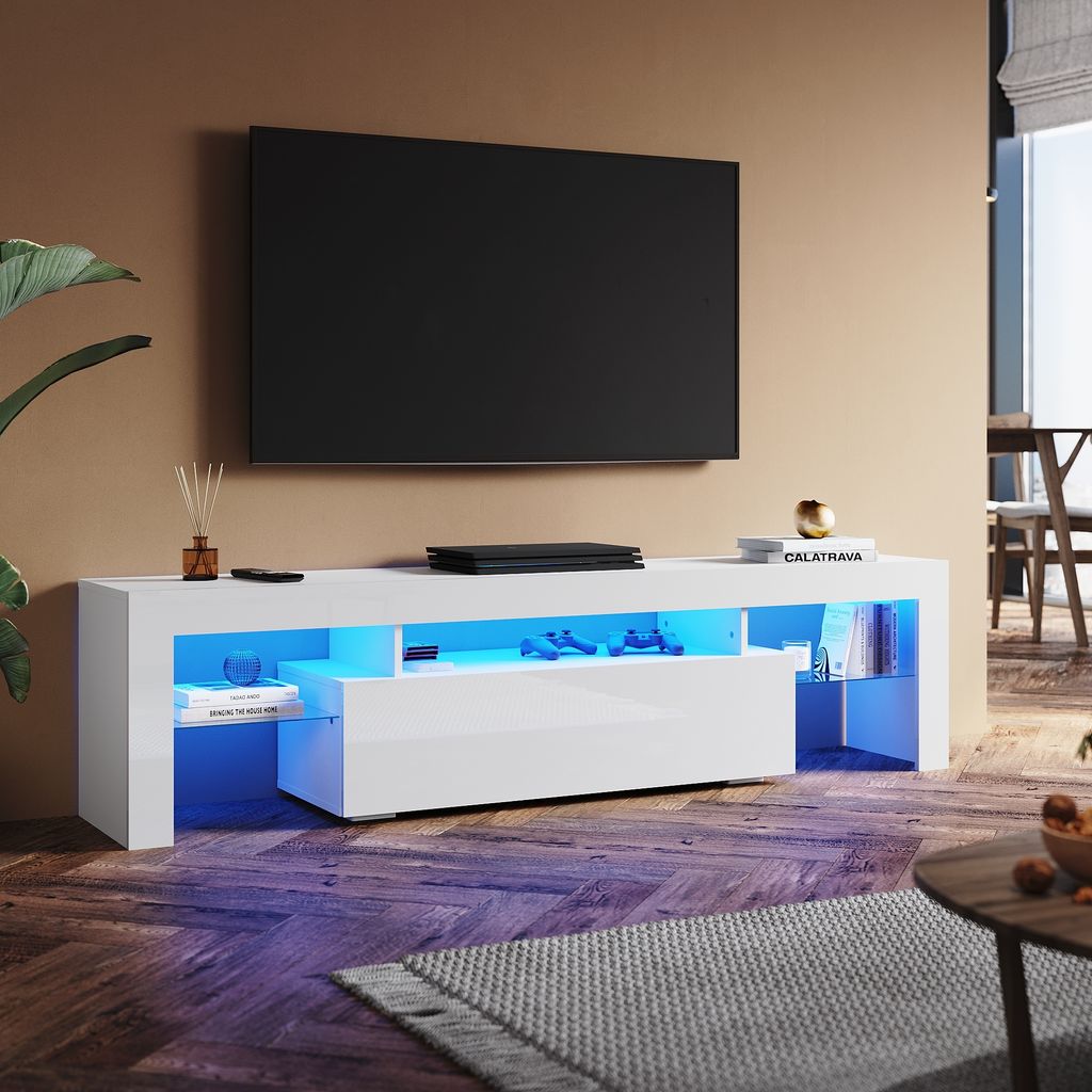 SONNI TV-Schrank Weiß Hochglanz 180 x 39 x 30cm Ausgestattet mit RGB-Lichtleiste und Aufbewahrungsschrank
