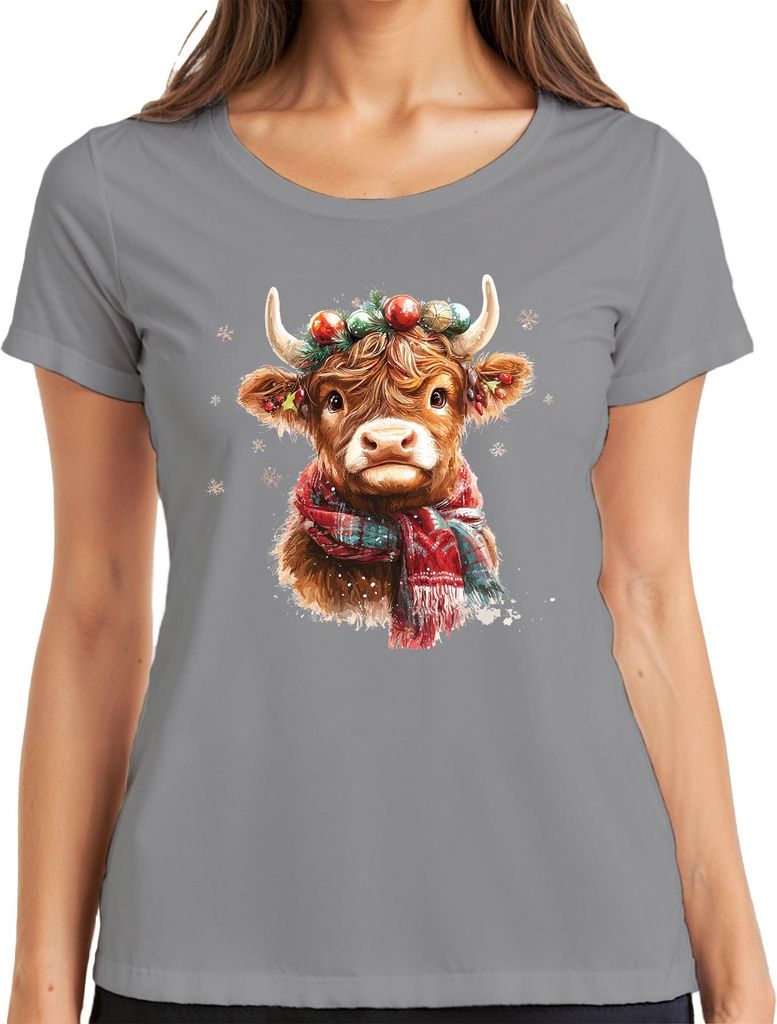 Weihnachten Niedliche Highland Kuh Schneeflocken Vintage Geschenk Damen T-Shirt, Grau, 3XL