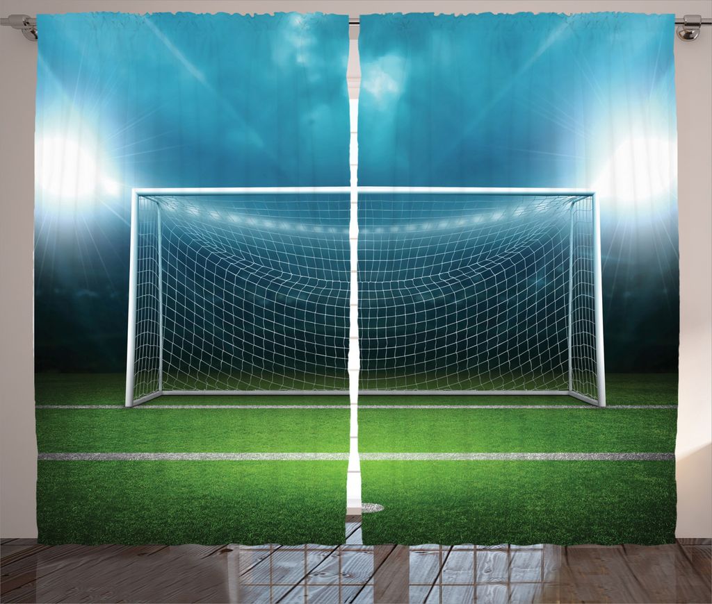 ABAKUHAUS Sport Rustikaler Gardine, Fußball-Fußball-Spiel, Schlafzimmer Kräuselband Vorhang mit Schlaufen und Haken, 280 x 245 cm, Grün blau