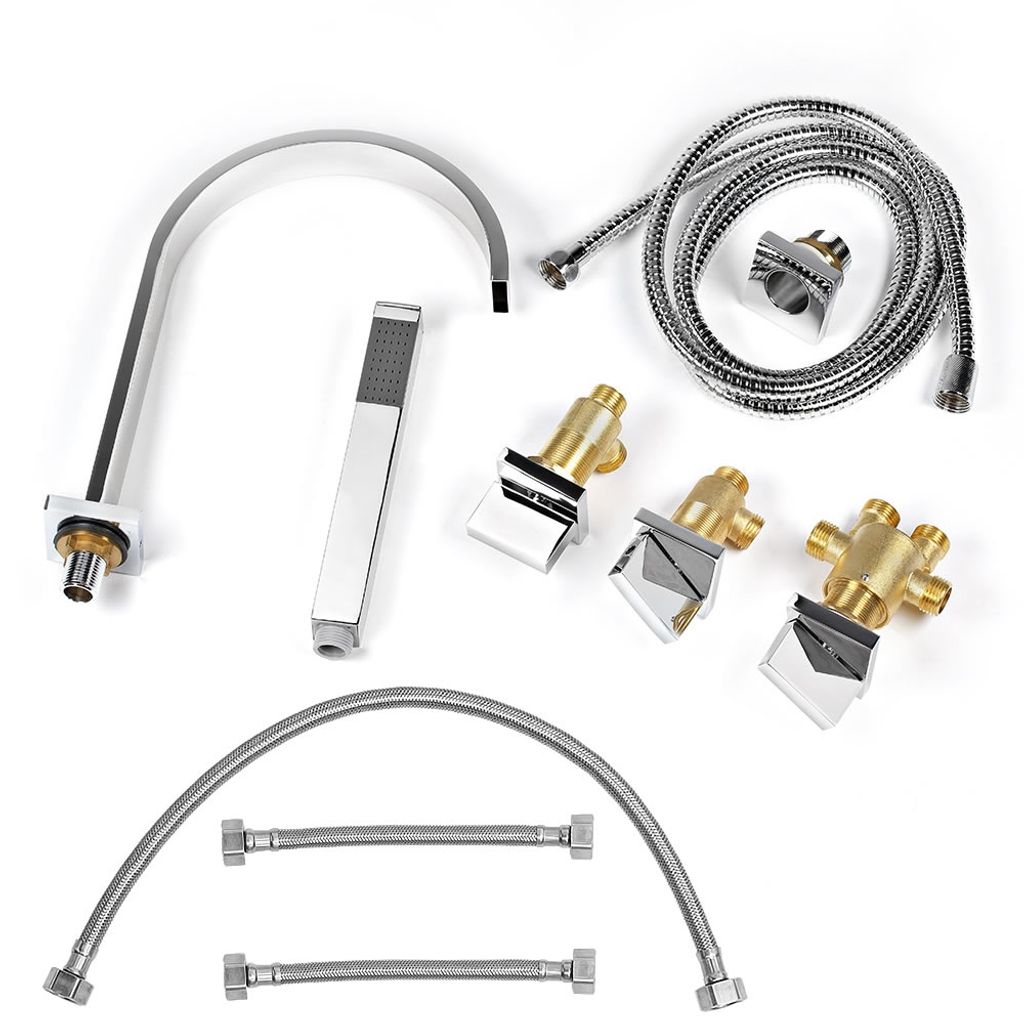 5 Loch Set Badewannenarmatur Handbrause Wannenrand Armatur Wasserfall Chrom