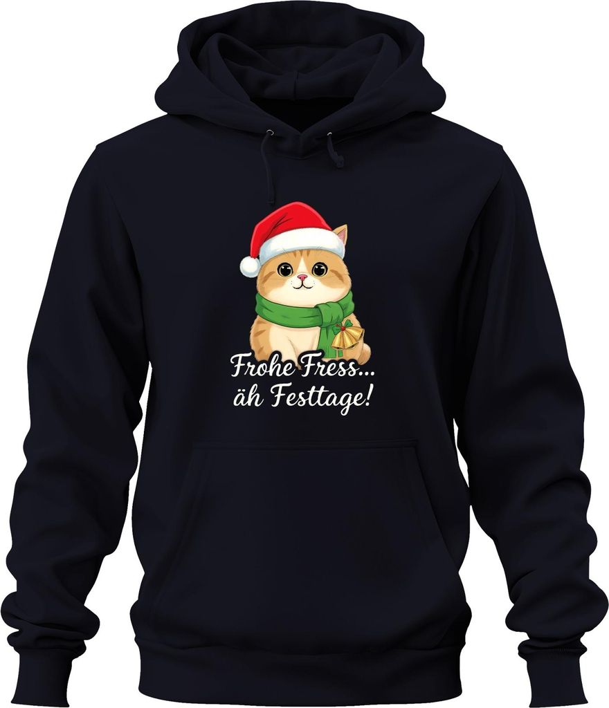 Frohe Fress äh Festtage Kätzchen Weihnachtsmann niedlich Uni Hoodie Kapuzenpullover, Navy, XL