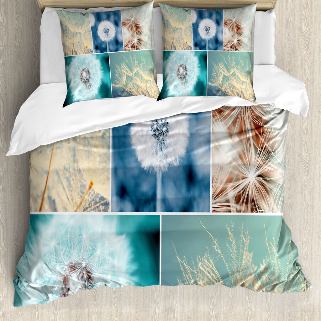 ABAKUHAUS Löwenzahn Bettbezug, Löwenzahn Natur, Milbensicher Allergiker geeignet mit Kissenbezügen, 200 cm x 200 cm - 80 x 80 cm, Blau
