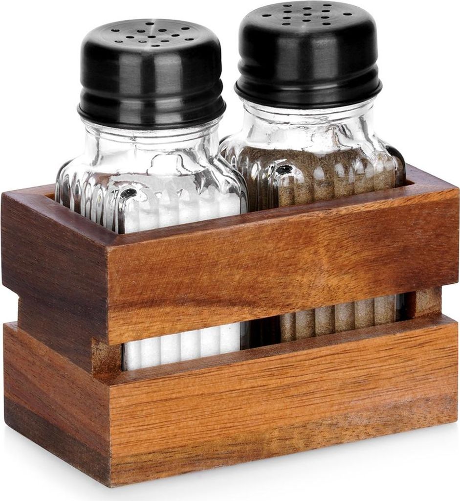 A set of salt and pepper shakers in a wooden holder.