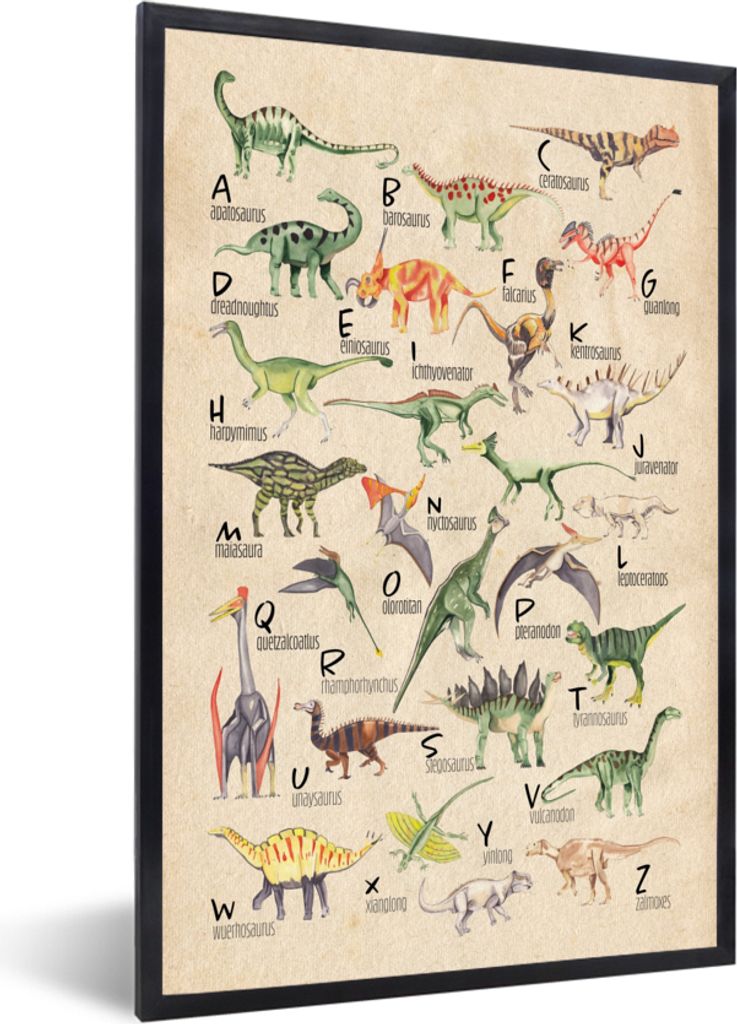 MuchoWow Gerahmtes Poster Alphabet - Dino - Dinosaurier - Lehrreich - Retro - Kinder 40x60 cm - Poster mit Schwarzem Bilderrahmen Wandposter Rahm...