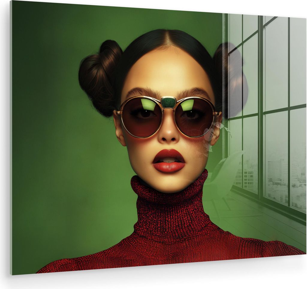 MuchoWow Glasbilder - Bilder auf Wandbild - Foto auf Glas Frau - Grün - Brille - Ästhetisch - Modern 80x60 cm Wanddekoration aus Glas - Acrylglas...