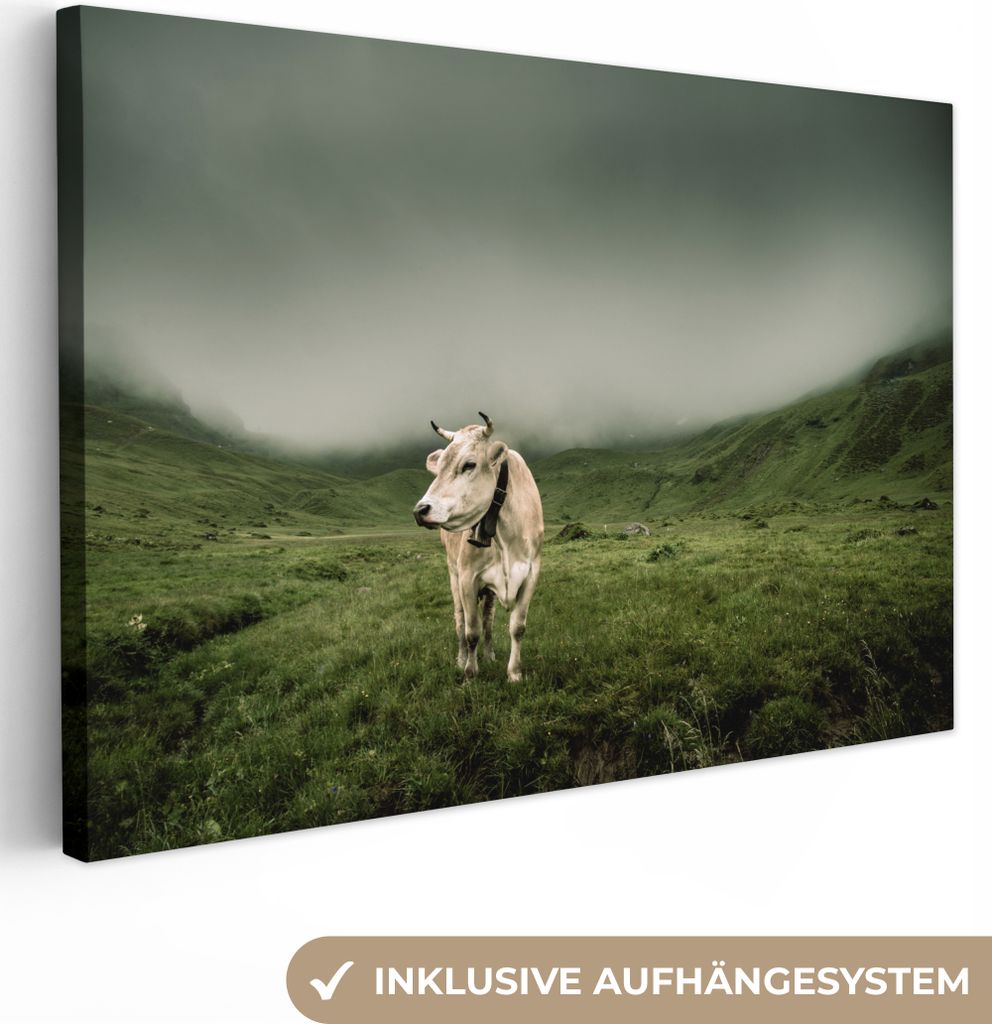 OneMillionCanvasses - Leinwandbilder - 150x100 cm, Kuh - Berg - Nebel, Wandbilder Kunstdruck Wanddekoration