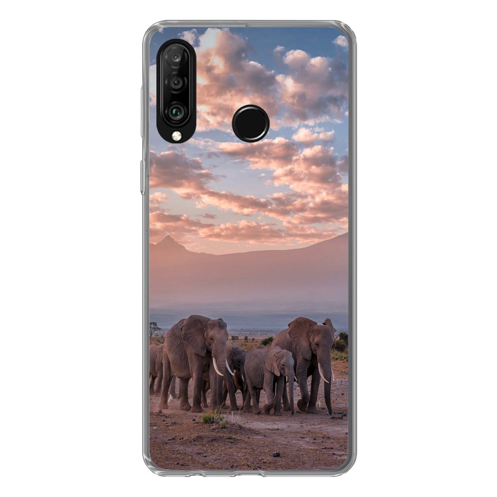 MuchoWow Handyhülle Schutzhülle Hülle für Huawei P30 Lite Elefant - Tiere - Abend - Landschaft - Savanne Silikon Softcase Handy Hülle - Hand...