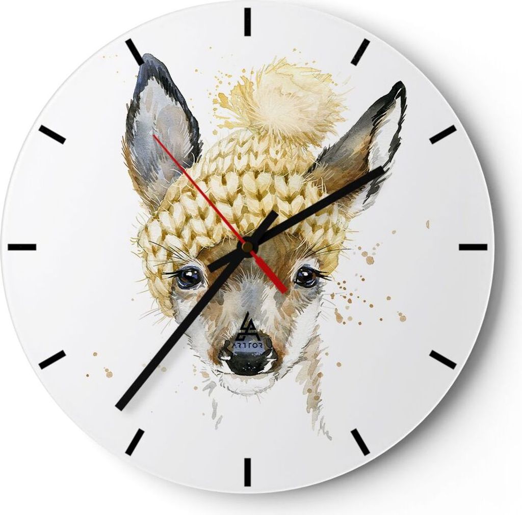 Wanduhr - Rund - Glasuhr - Tier Hut Hirsch modern - 30x30cm - Schleichendes Uhrwerk - Lautlos - zum Aufhängen bereit - Dekoration Modern - Wanddek...