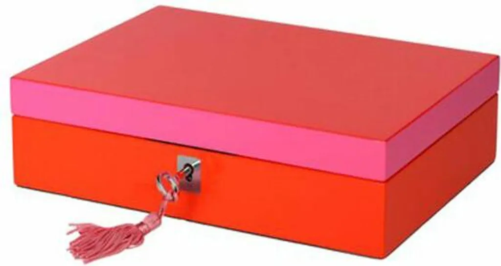 Coffret à bijoux plat en bois MDF bicolore rouge et rose 22 x 16 cm