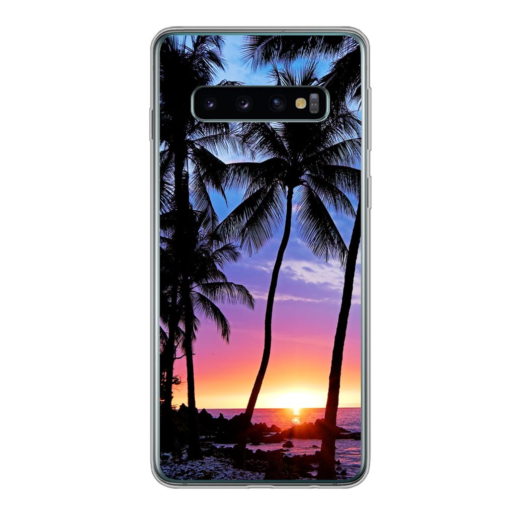 MuchoWow Handyhülle Schutzhülle Hülle für Samsung Galaxy S10 Eine Silhouette von Palmen während eines Sonnenuntergangs auf Hawaii Silikon So...