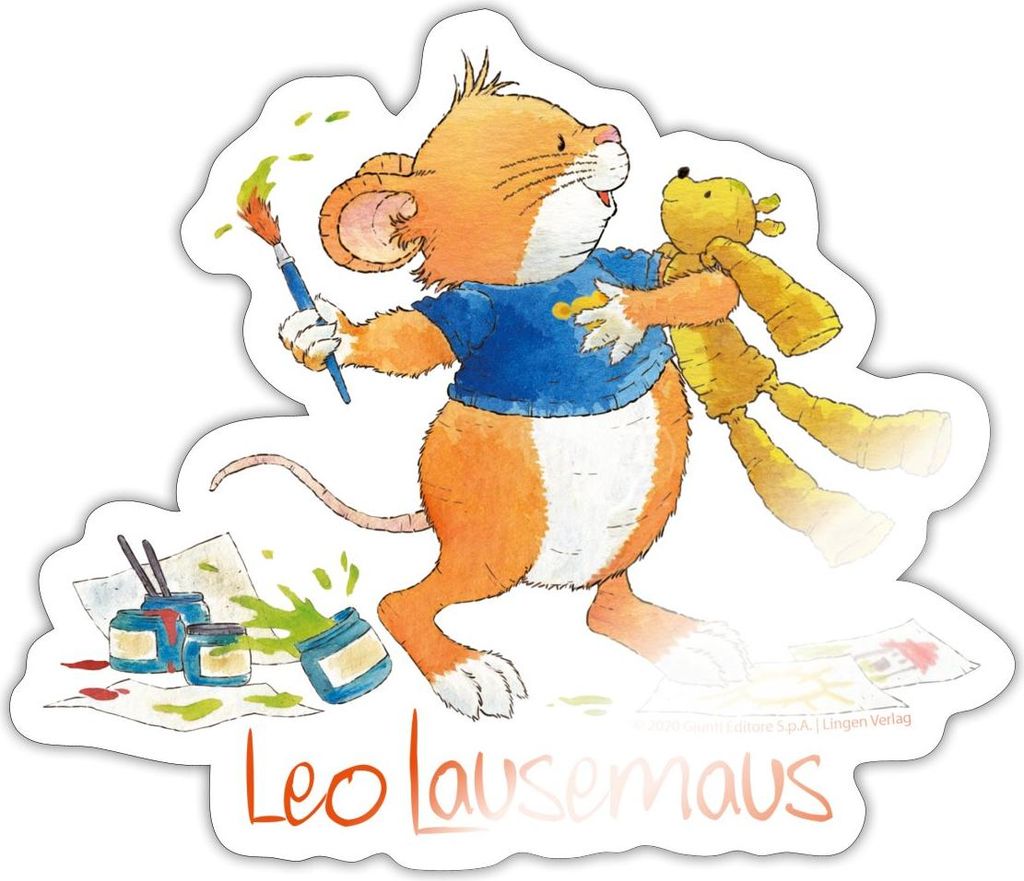 Spreadshirt Leo Lausemaus Malen mit Teddy Sticker Aufkleber, 10 x 10 cm, Weiß glänzend