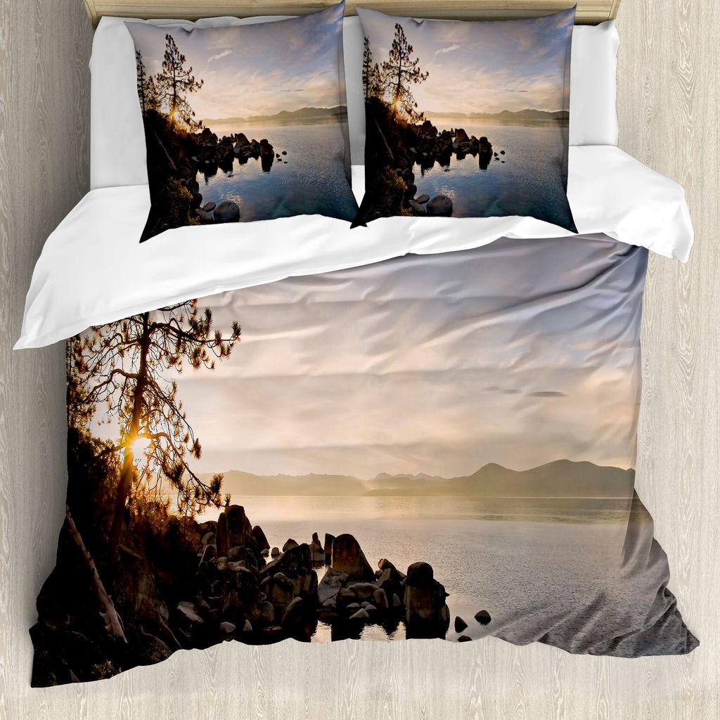 ABAKUHAUS See Bettbezug, Lake Tahoe bei Sonnenuntergang, Milbensicher Allergiker geeignet mit Kissenbezügen, 155 cm x 220 cm - 80 x 80 cm, Blau grau