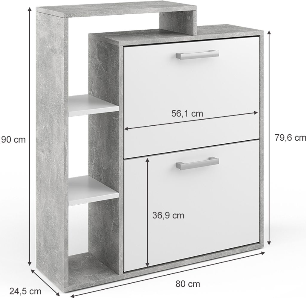 A diagram of a shoe cabinet with dimensions.