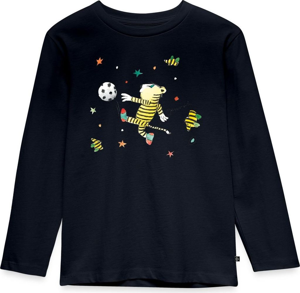 Spreadshirt Janosch Tiger Spielt Fußball Kinder Premium Langarmshirt, 122/128 (6 Jahre), Navy