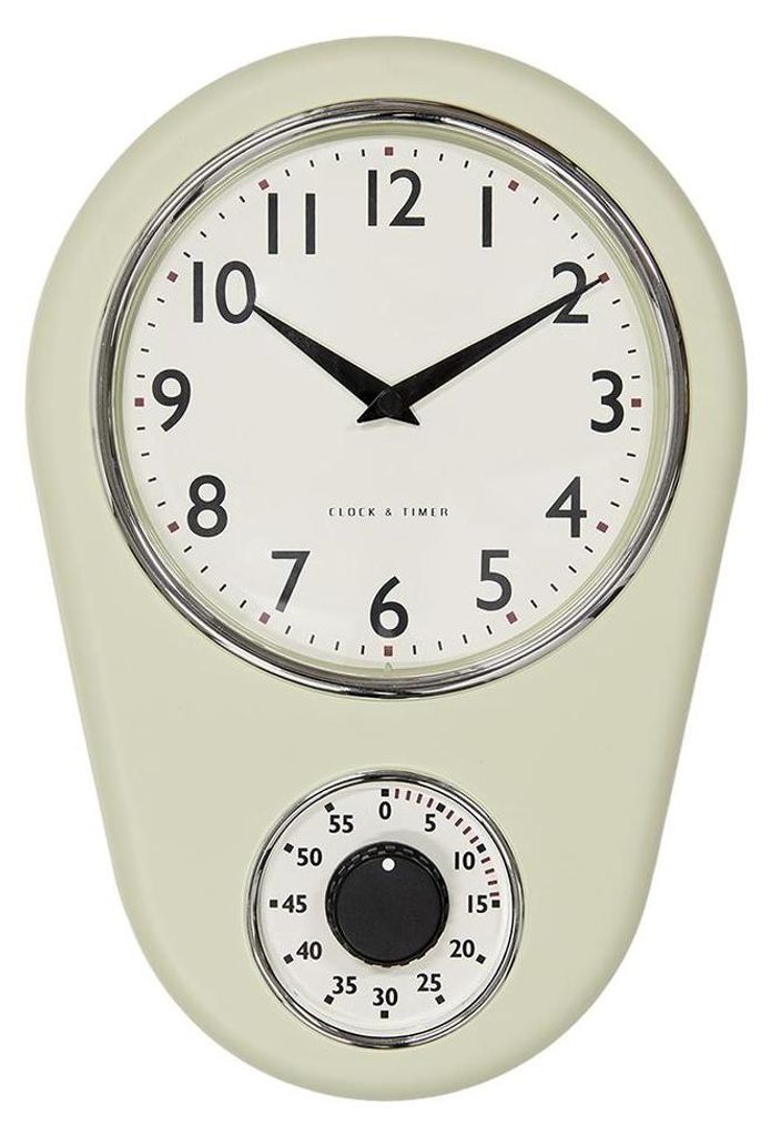 A cream-colored wall clock with a built-in timer.
