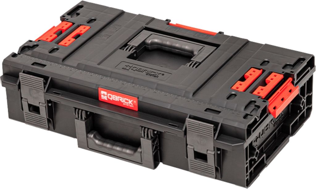 A black modular tool storage box with red accents.