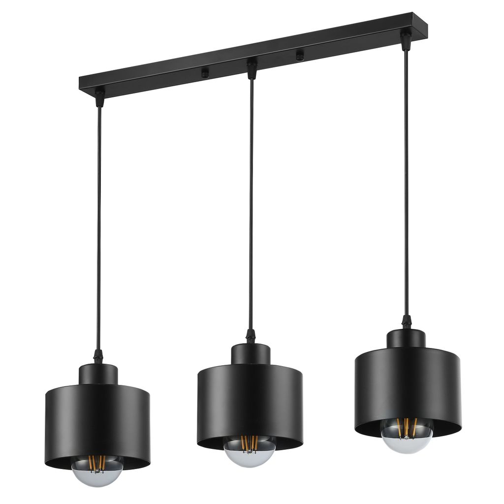 A black three-light pendant lamp with cylindrical shades, shown against a white background.
