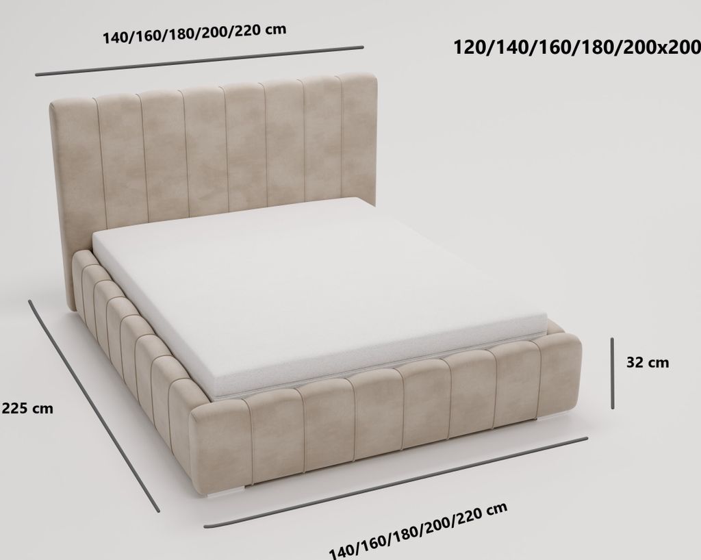 A beige upholstered bed with a white mattress is shown from a slightly elevated angle against a white background. Dimensions are indicated with text and lines.