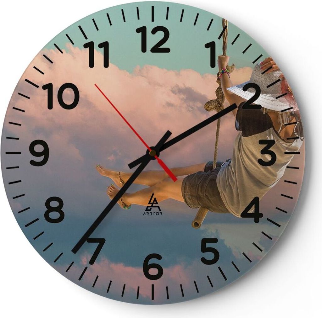 Wanduhr - Rund - Glasuhr - Schaukeln Seil Himmel - 40x40cm - Schleichendes Uhrwerk - Lautlos - zum Aufhängen bereit - Dekoration Modern - Wanddeko...