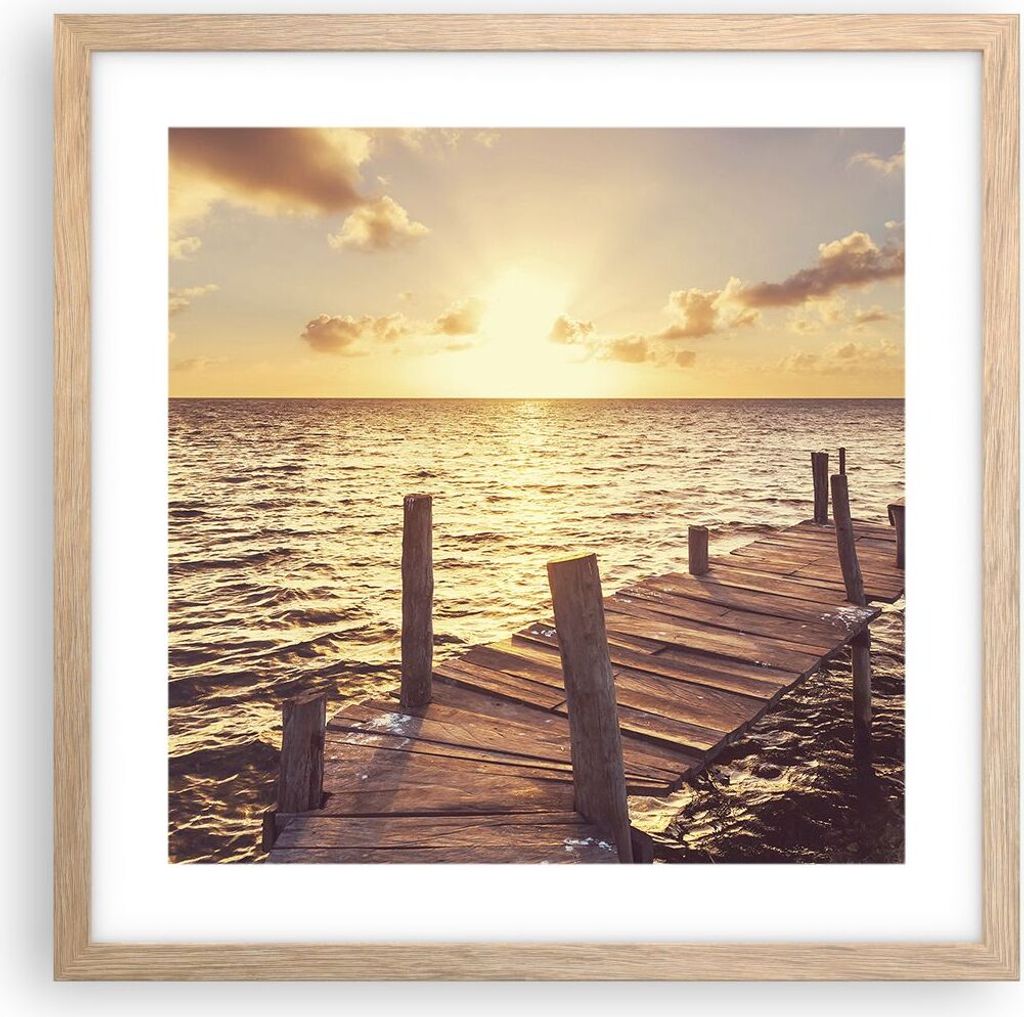Gerahmtes Poster - Rahmen in heller Eiche - Brücke Sonne Ozean - 40x40 cm - Wand Bild - Wanddeko - Wandbilder - Wandposter - Bilderrahmen - Bilder...