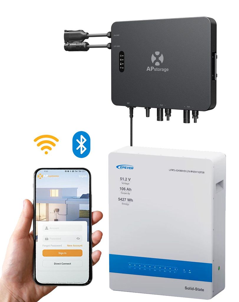 APsystems Balkonkraftwerk: Hybrid-Mikrowechselrichter EZHI mit EPEVER LiFePO4 Solarstromspeicher 5430Wh, 0% MwSt.